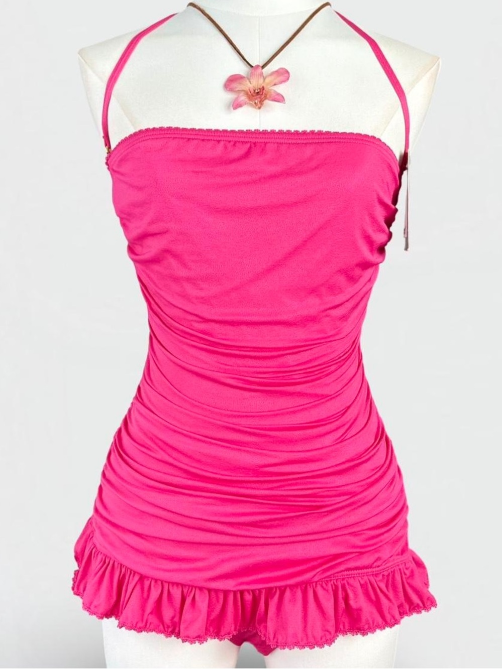 Hot Pink Ruched Halter Swimdress One Piece Ruffled Hem